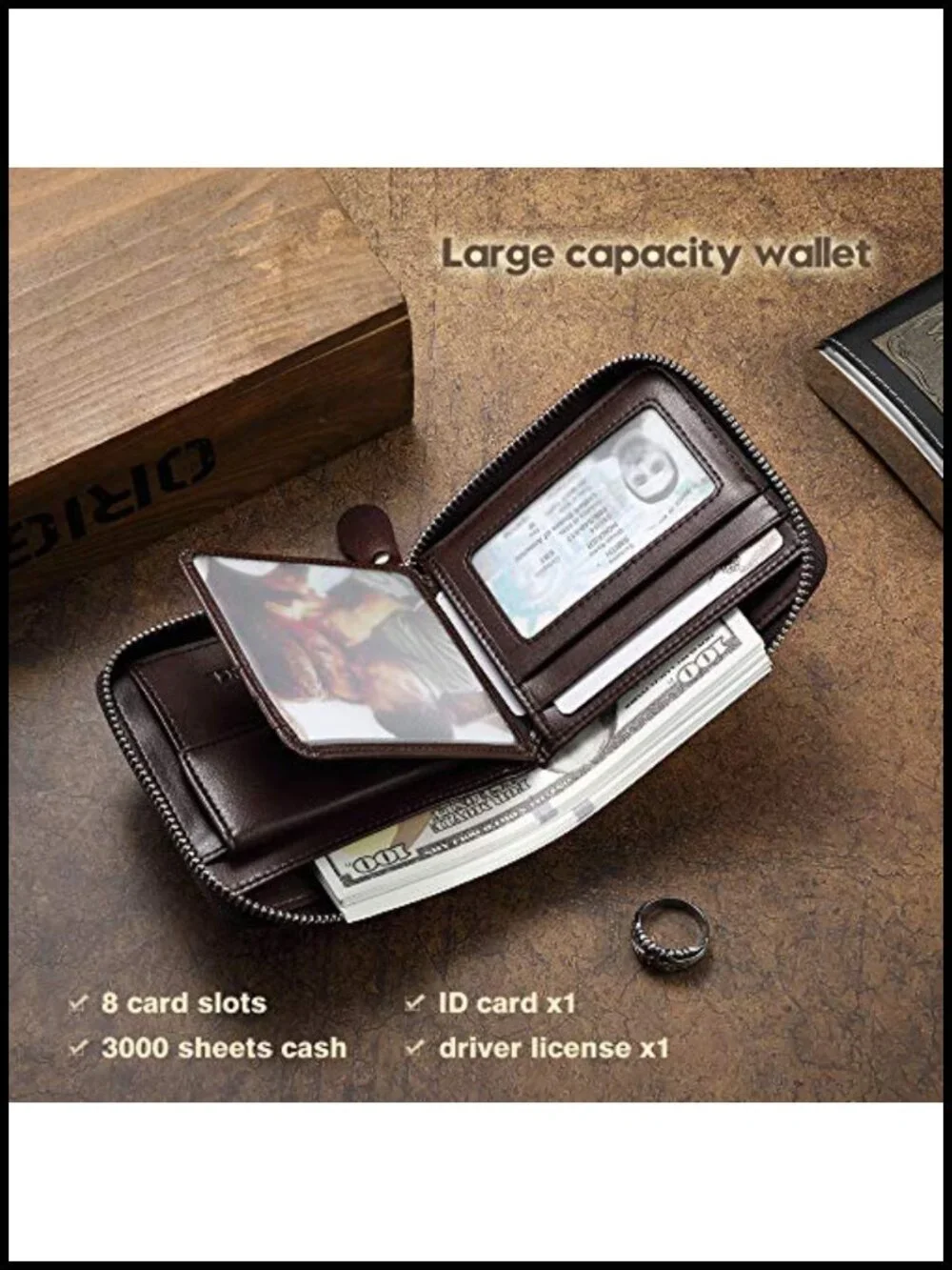 Genuine Leather RFID Zipper Wallet Large Capacity Bi-Fold 8 Card Slots Coin